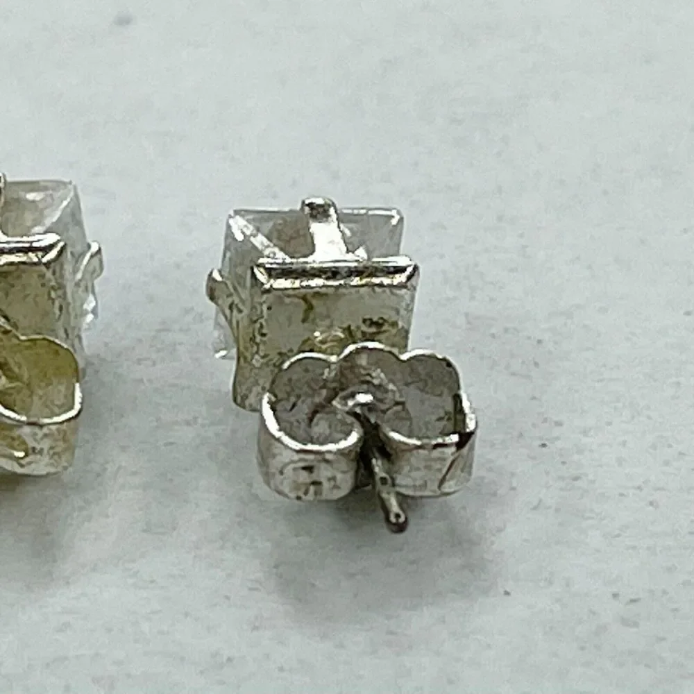 SHA Signed Silver Tone Clear Square Rhinestone Earrings Pierced Pair